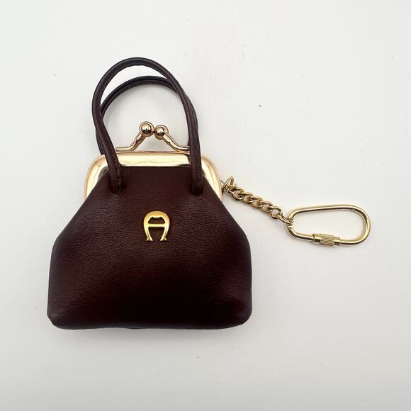 Etienne Aigner Handbags - Etienne Aigner Brown Leather Kisslock Miniature Coin Top Handle Purse Keychain